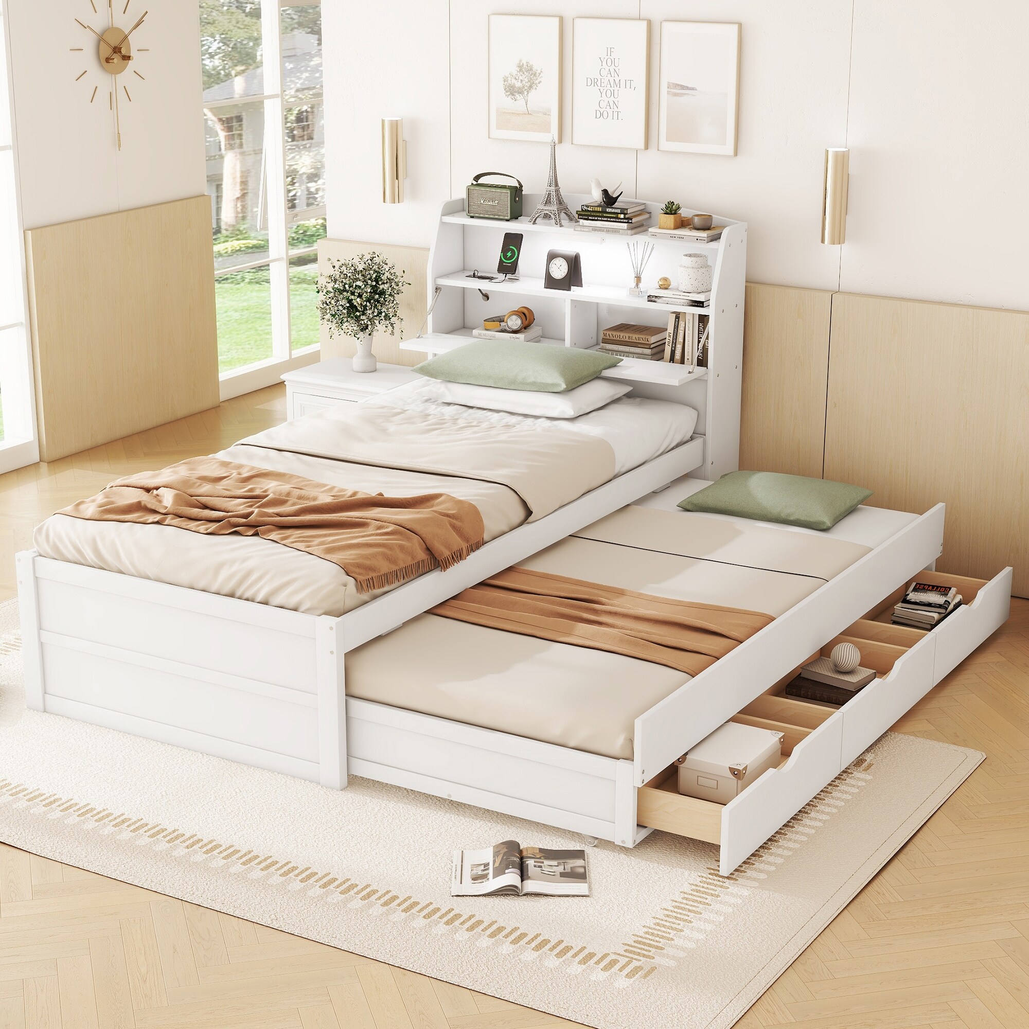 Twin Size White Wooden Bed with Pull out Trundle and Side bed Drawers Flip top Shelves Headboard Concealed Built in Night Light Bed Bath Beyond 40767655