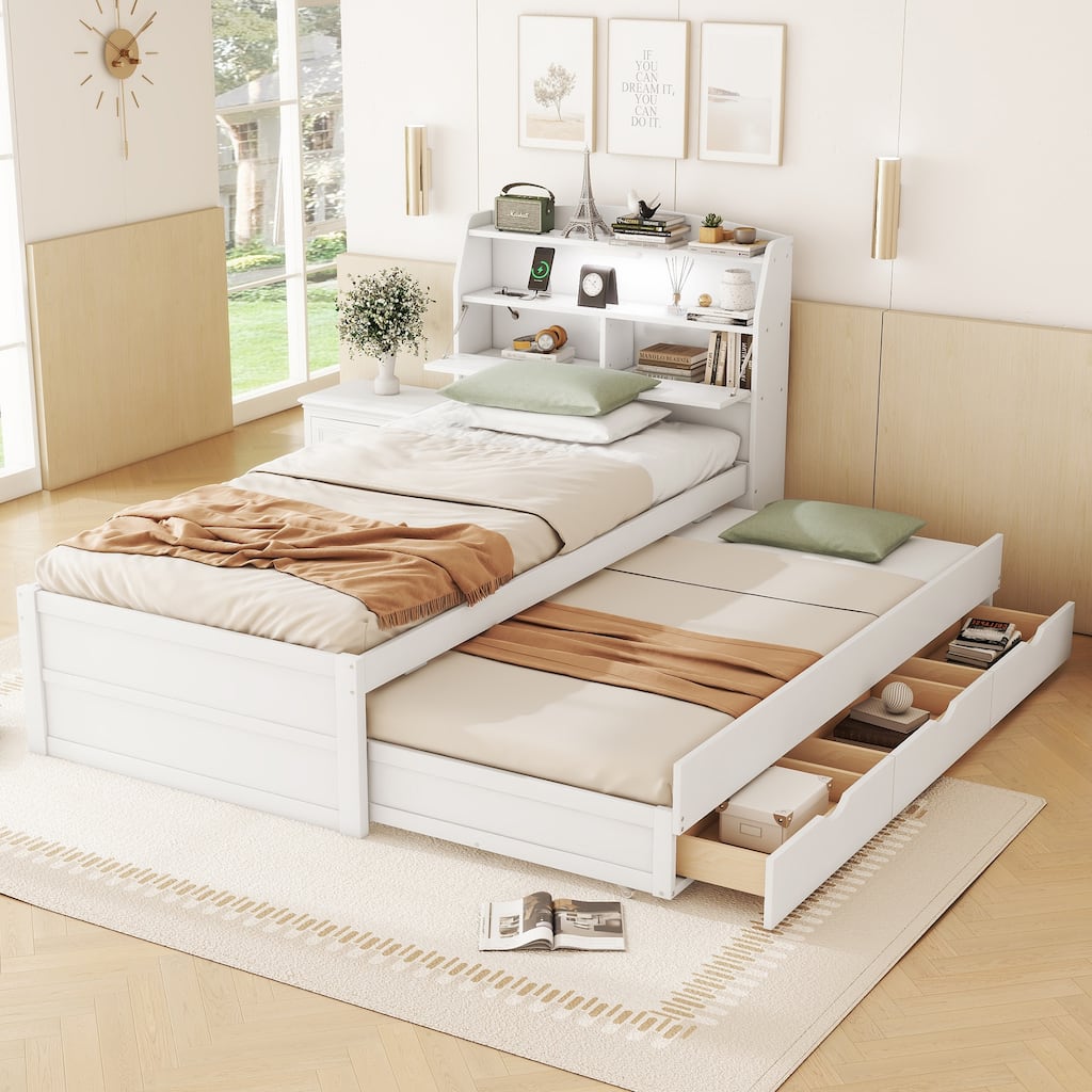 Twin Size Wooden LED Platform Bed with Trundle,Storage Headboard and Drawers for Bedroom