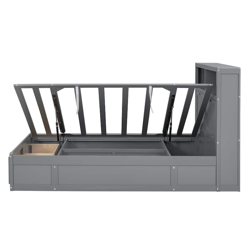 Gray Full Size Wooden Bed with LED Storage Headboard, Charging Station, and 2 Drawers