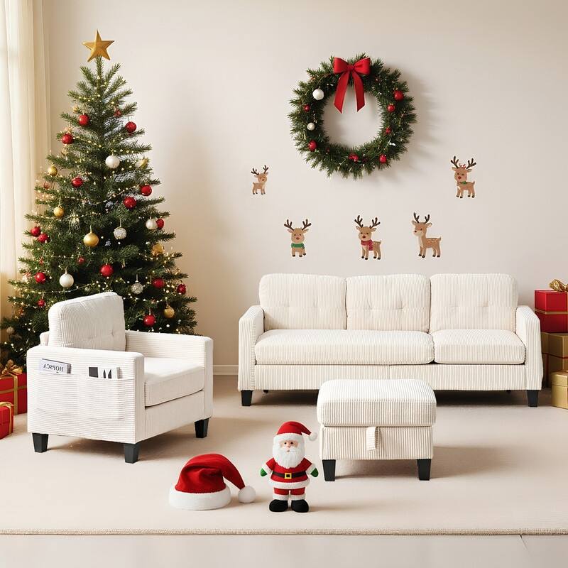 Mixoy 76'' L-Shaped Sofa Set,Corduroy Sectional Sofa,Mid Century 3-Seater Sofa with Storage Ottoman/Loveseat/Single Sofa - 3+1 - Beige