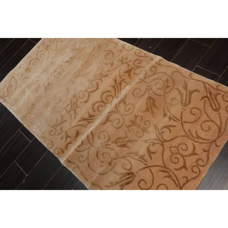 Wool & Silk Tan Tibetan Transitional Floral 3'x5'1'' Hand Knotted Rug - 3' x 5' 1''