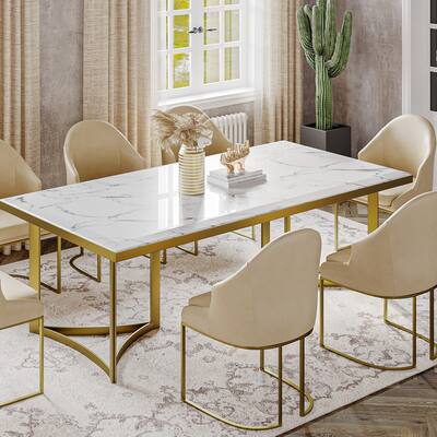 Modern Marble Dining Table with White Rectangular Tabletop Gold Stainless Legs, Dining Room Table