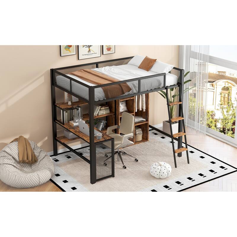 Full Size Metal Loft Bed With Built-In Desk, Wardrobeand Shelves