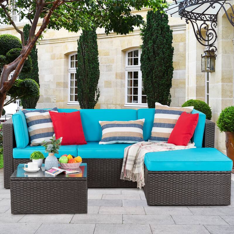 Futzca 5-Piece PE Wicker Outdoor Patio Furniture Set - Blue