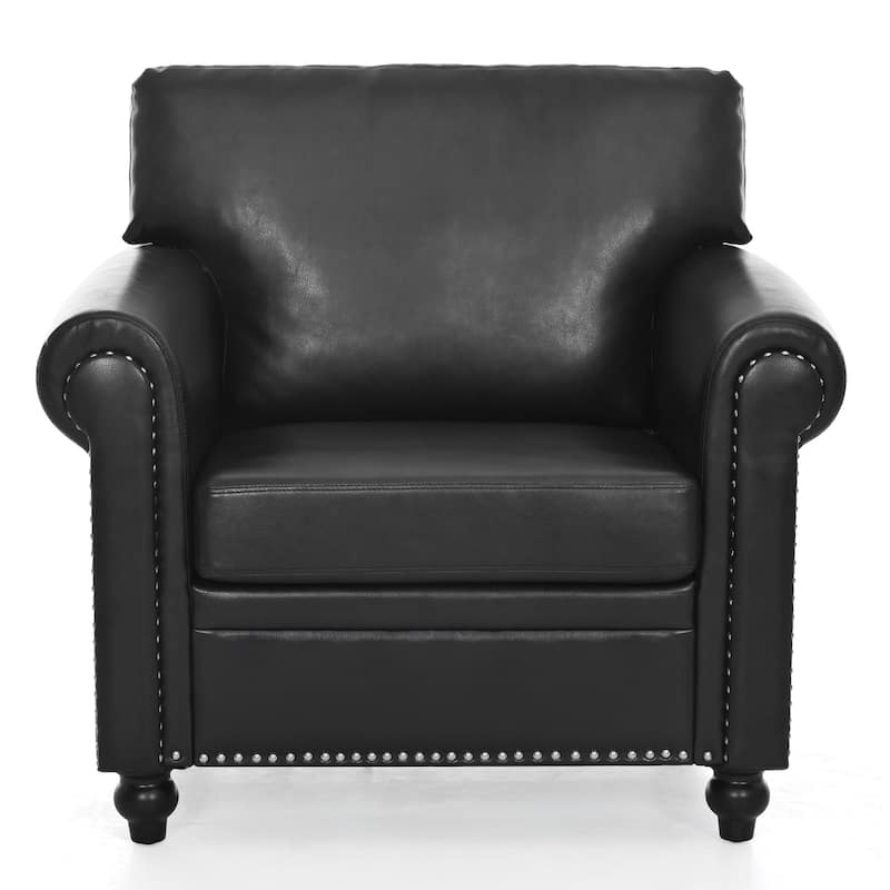 Black PU Modern 37.4" Upholstered Accent Chair with Solid Wood Frame and Nailheads for Living Room