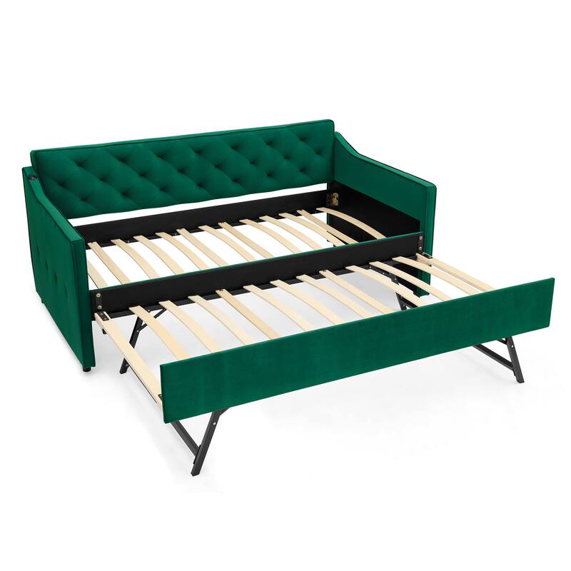 Twin Upholstered Daybed with Pop-Up Trundle & USB Charging Ports