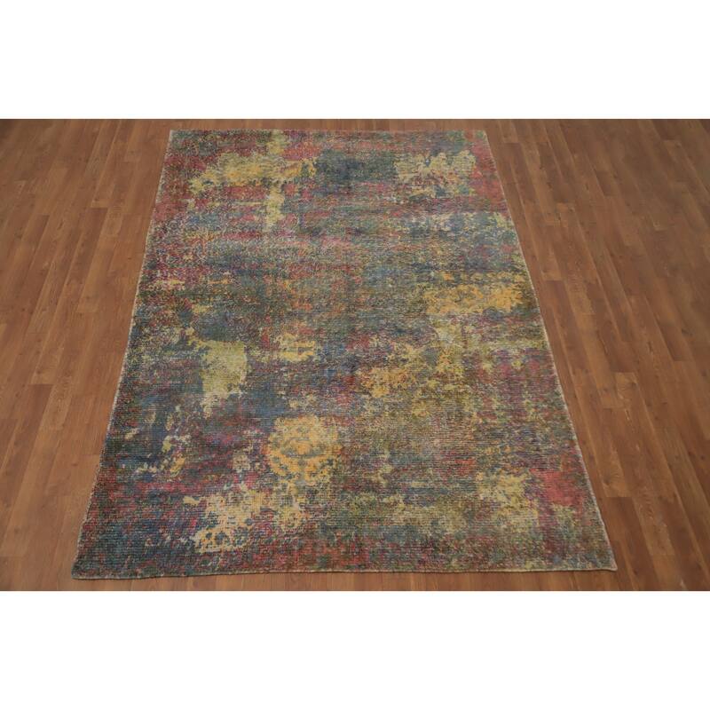 Hand Knotted Oriental Viscose Silk Carpet Modern All-Over Multi-Colored Abstract Area Rug - 7' 8'' X 5' 5''