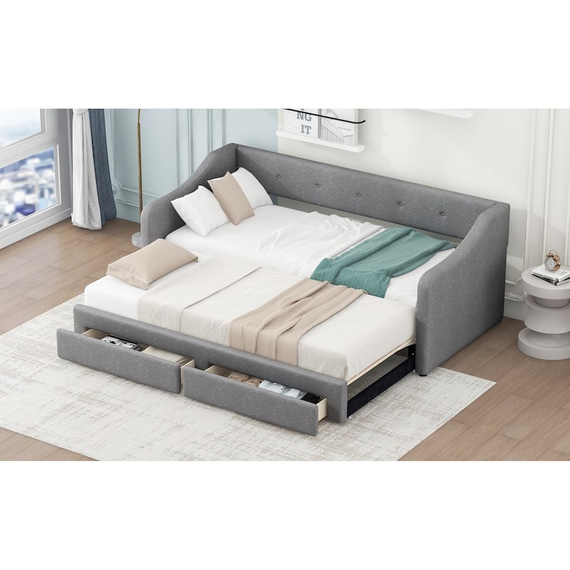 Convertible Twin XL to King Size Upholstered Daybed with Two Drawers, Gray