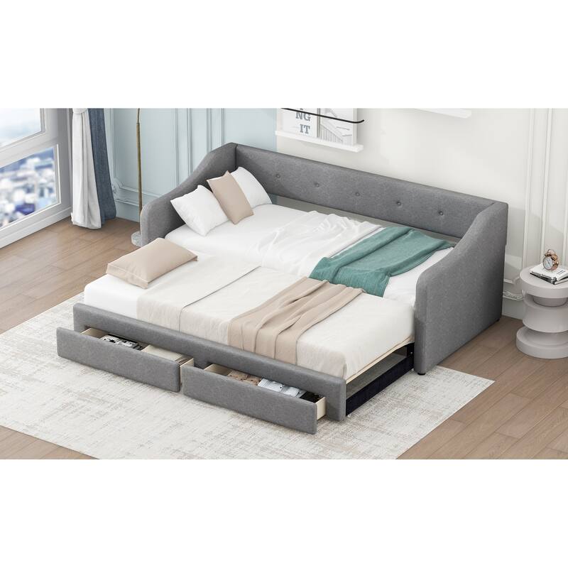 Twin XL to King Upholstered Daybed with Two Storage Drawers, Expandable Design, No Box Spring Required