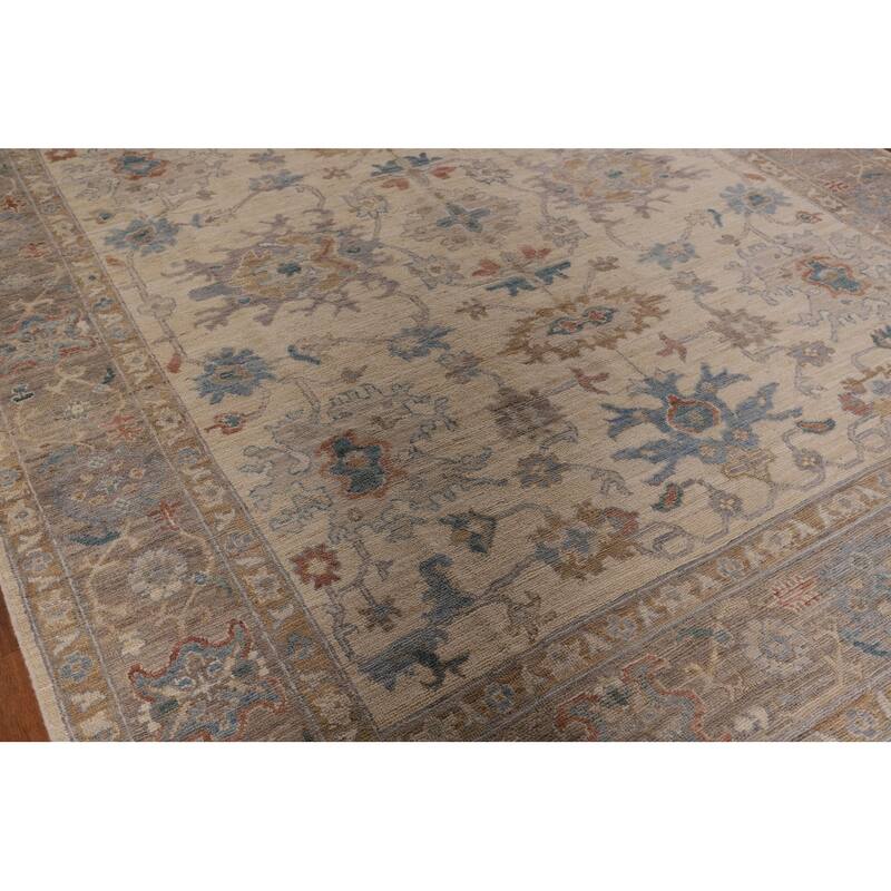 Beige Floral Oushak Vegetable Dye Area Rug Hand-Knotted Wool Carpet - 8'2" x 10'0"