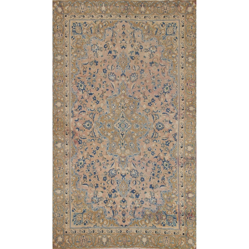 Hand Knotted Oriental 100% Wool Carpet Traditional Floral Pink Mashad Area Rug - 9' 1'' X 5' 7''