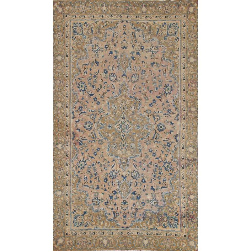 Hand Knotted Oriental 100% Wool Carpet Traditional Floral Pink Mashad Area Rug - 9' 1'' X 5' 7''