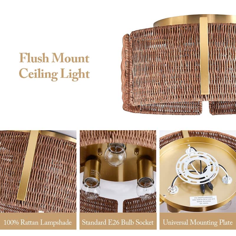 MLiAN 3-Light Natural Rattan Flush Mount Light... - 15"
