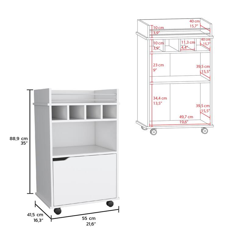 Bar Cart with 2 Open Shelves 4 Cubbies and Cabinet