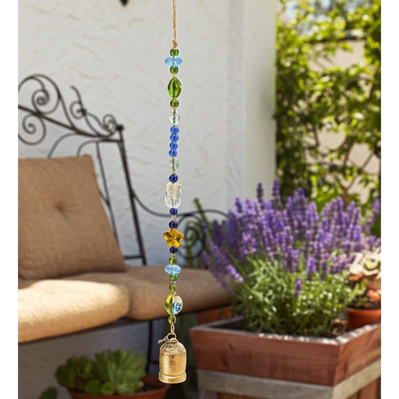 Glass Metal Wood Windchime Jute Beads Bell - 35" Gold/Blue - 2.5" x 2.5" x 35" - Gold - 2.5" x 2.5" x 35"