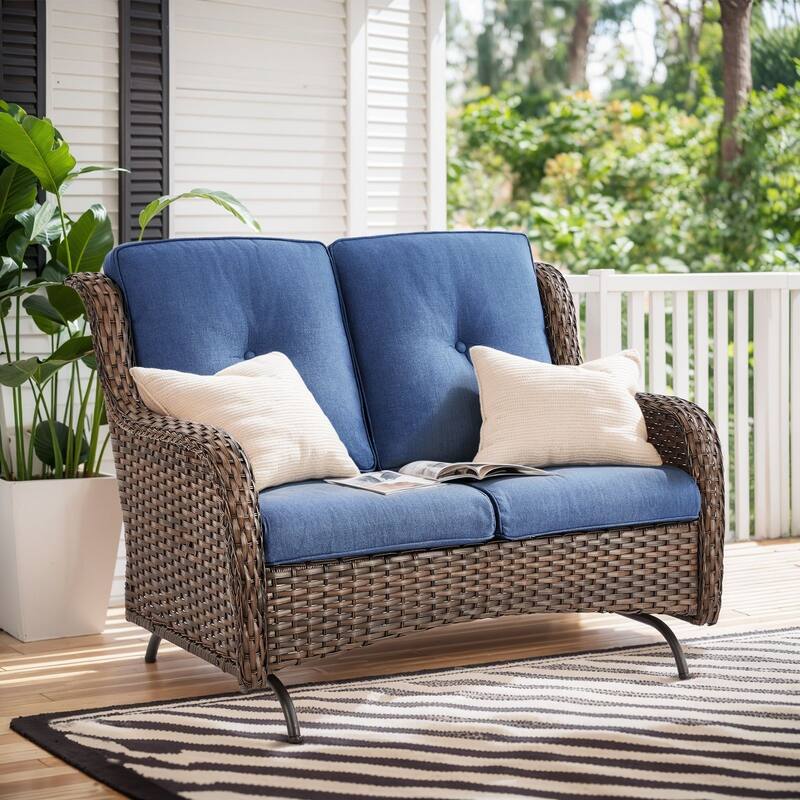 Gymojoy 2-Seat Stylish Patio Loveseat Glider Sofa, Water-Resistant Olefin Cushions for Outdoor Comfort - Brown Wicker / Blue Cusion - 1-Piece
