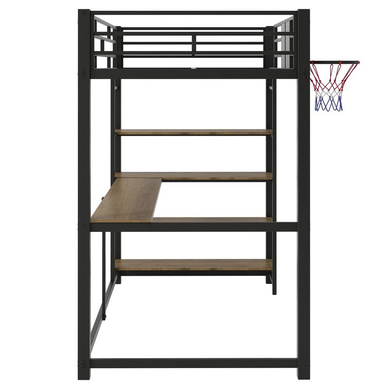 Twin Loft Bed with Study Desk, Storage Shelves, and Indoor Basketball Hoop, Black Metal Frame with Guardrails and Ladder