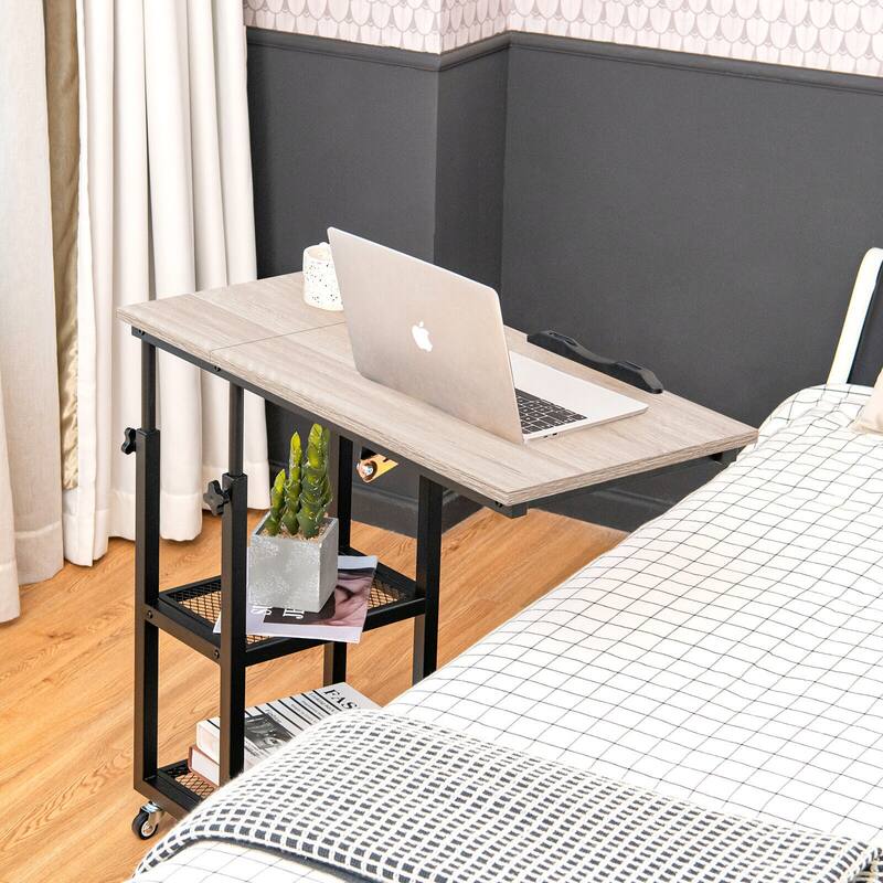 Height Adjustable C-Shaped End Table with Lockable Wheels and Tiltable Table Top - 31.5" x 16" x 25"-37.5"