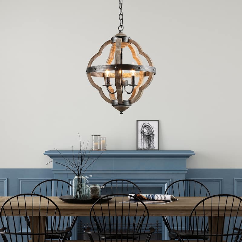 Modern Farmhouse 3-light Antiqued Wood Island Pendant Light Orb Chandelier - W 15"x H 19"