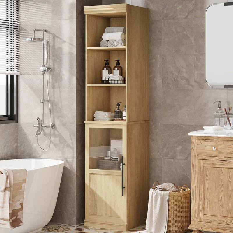 70 Inch Tall Narrow Storage Cabinet with Open Shelves for Small Spaces, Bathroom, Laundry Room Corner - Natural