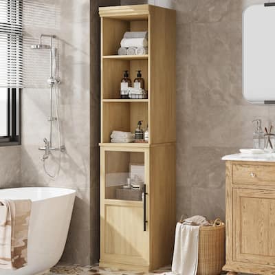 70 Inch Tall Narrow Storage Cabinet with Open Shelves for Small Spaces, Bathroom, Laundry Room Corner