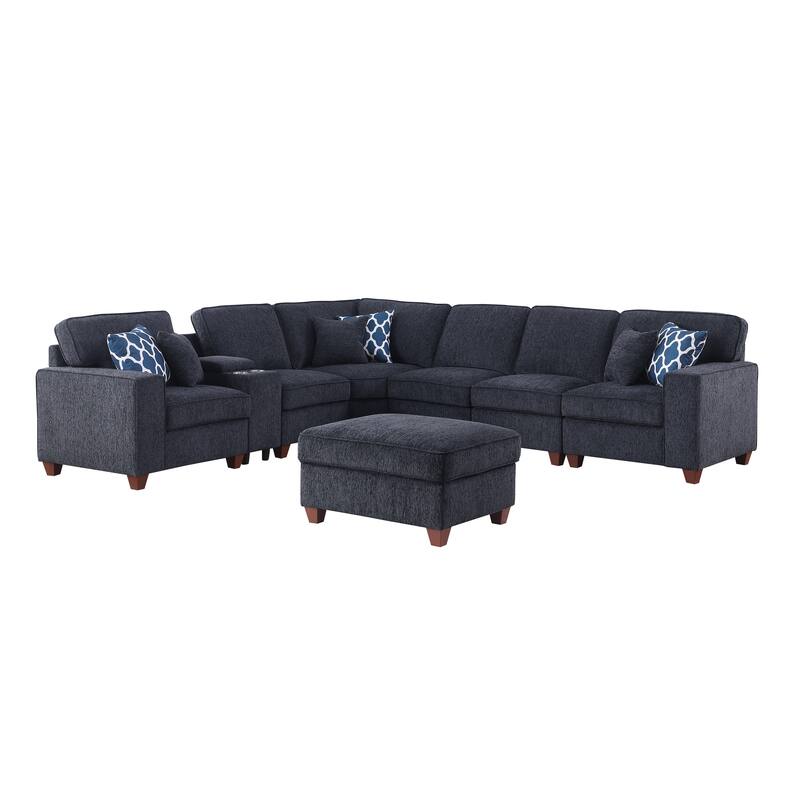Modern Linen Sectional Sofa with Removable Back Cushions,Accent Sofa with Ottoman,Cupholder and USB port