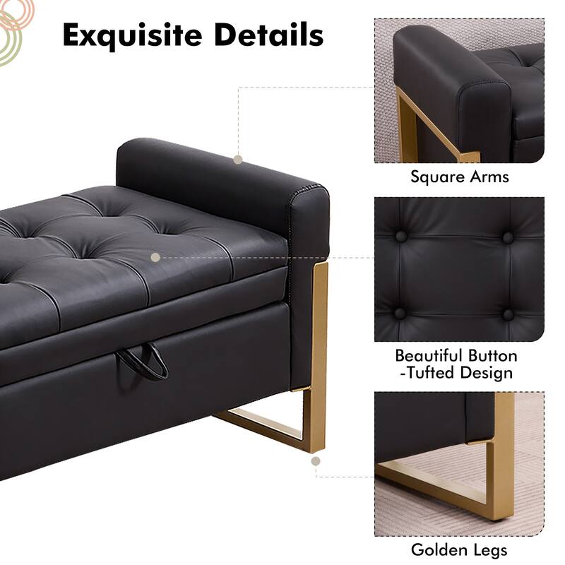 66" Storage Bench for Bedroom End of Bed with Double Lids and Gold Legs