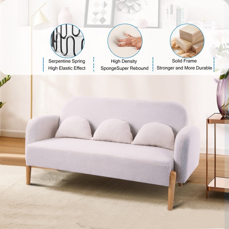 59.1" Square Arm Teddy Velvet Pink Sofa With Three Lumbar Pillows（New） - Beige