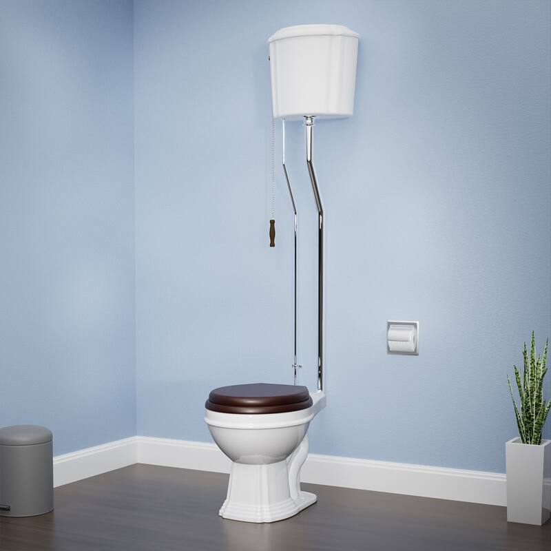 High Tank Toilet - White Ceramic Tank, Round White Bowl and Chrome L Pipes Renovators Supply