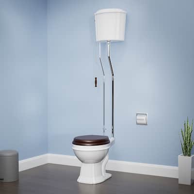 High Tank Toilet - White Ceramic Tank, Round White Bowl and Chrome L Pipes Renovators Supply