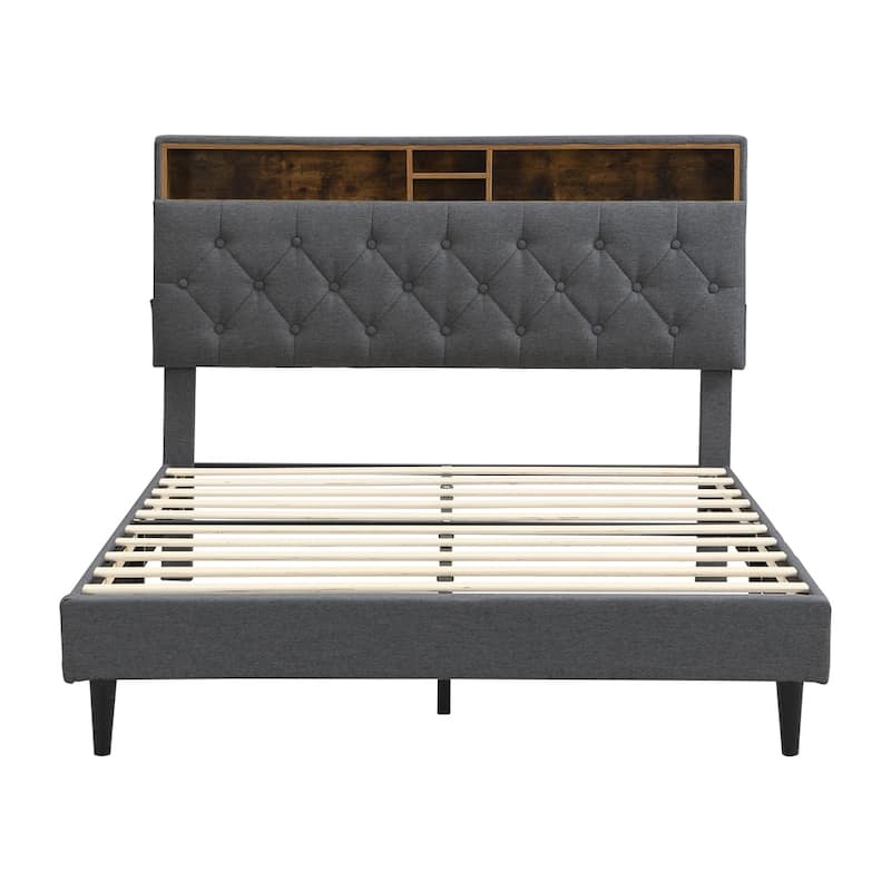 Upholstered Platform Bed Frame with Linen Fabric Headboard