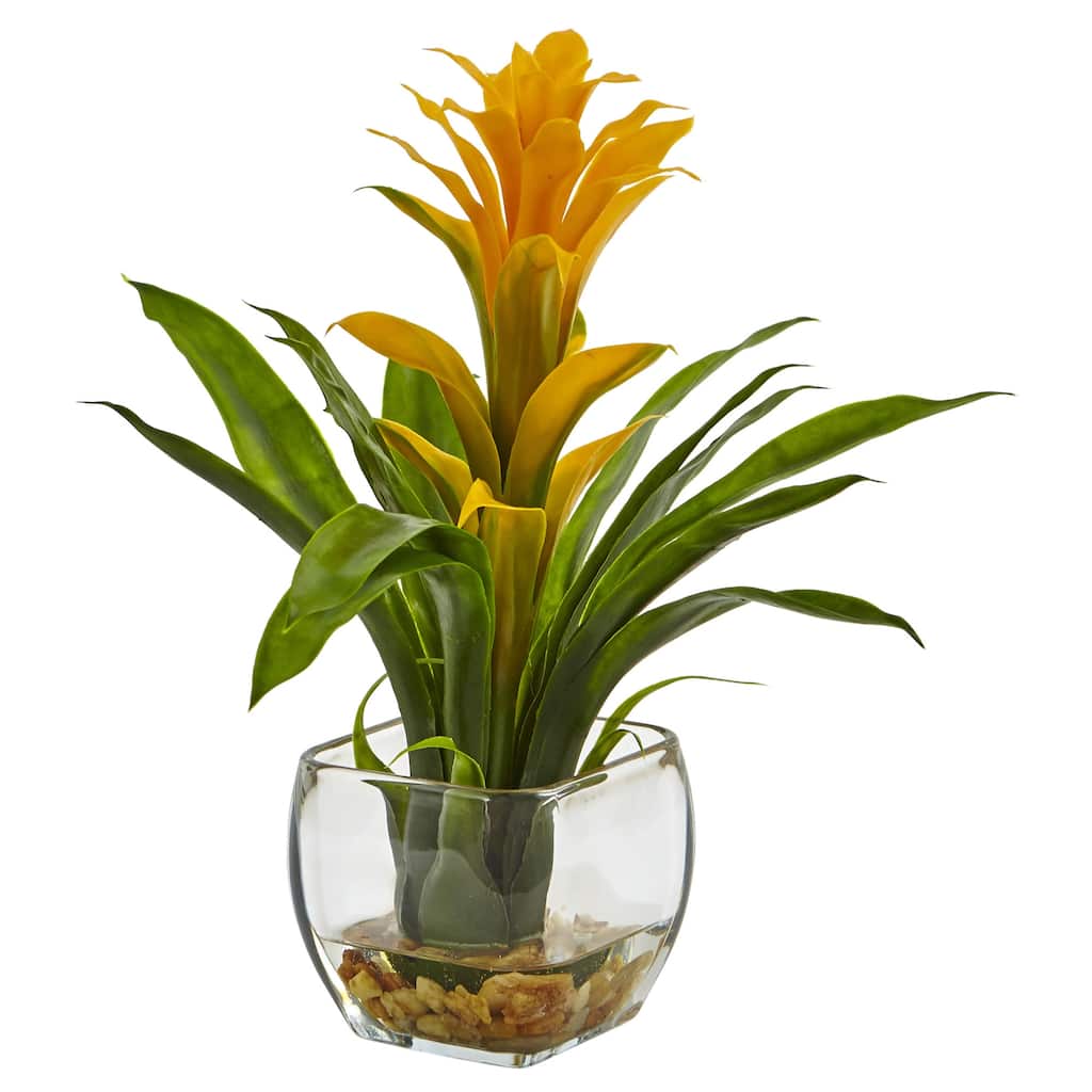 12" Yellow Bromeliad Artificial Floral Arrangement with Glass Vase