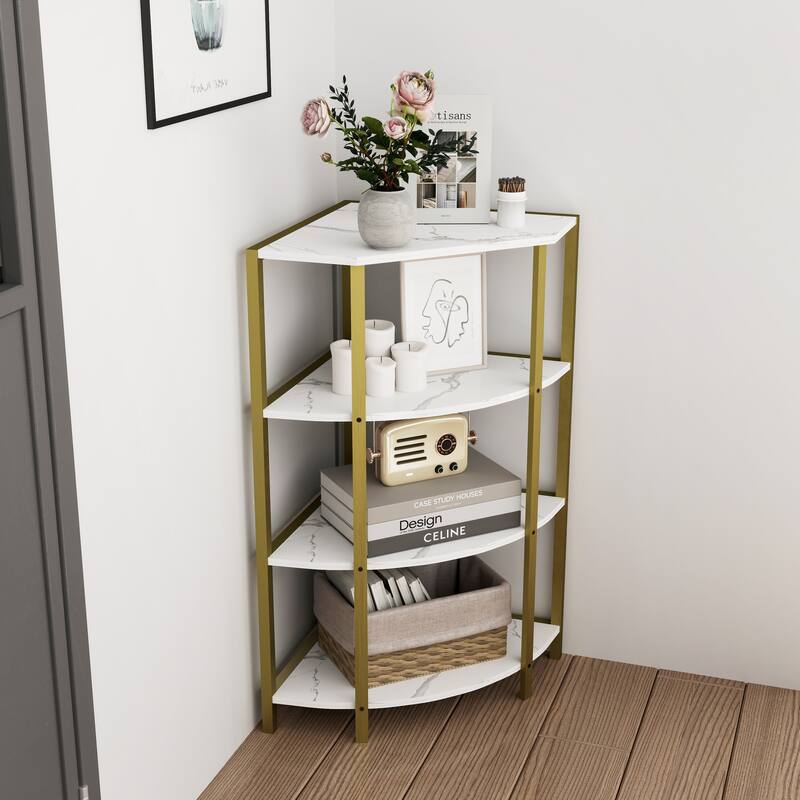 4-Tier Corner Open Shelf,Bookcase Freestanding Shelving Unit,Plant Stand Small Bookshelf for Living Room