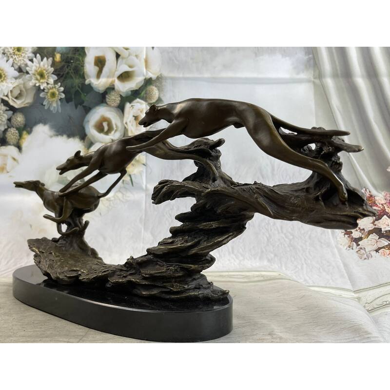 Bronze Sculpture 3 Wild Dogs Running Greyhound Dog Marble Base Figurine Signed Original 10 Inches X 20 Inches
