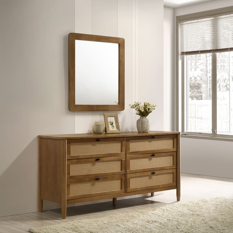 Roundhill Furniture Vichy 5-Piece Rattan Bedroom Set with Upholstered Queen Bed, Dresser, Mirror, Nightstand, and Chest