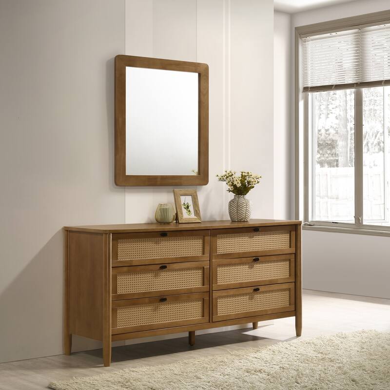 Vichy 4-Piece Rubberwood Bedroom Set with Textured Polyester Upholstered Queen Bed, Dresser, Mirror, and Nightstand