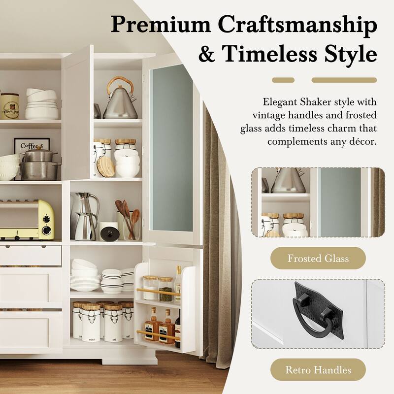 Roomfitters 78 Inch Large Kitchen Pantry Storage Cabinet with Microwave Station and Drawers, Shaker Style