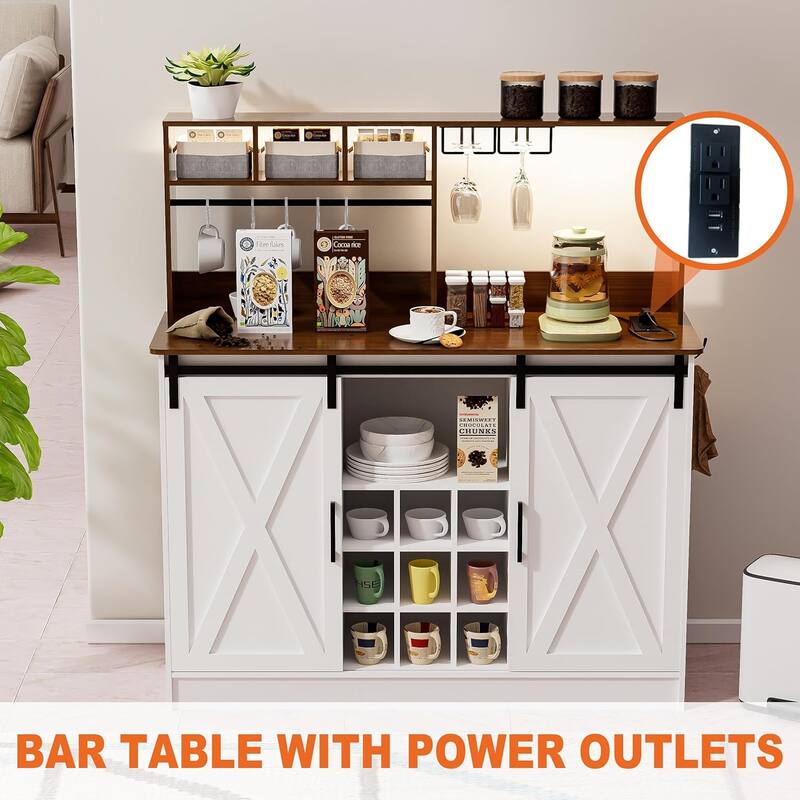 Coffee Bar Cabinet, 47'' Sideboard Buffet Cabinet with 20-color LED Lights and 6.5FT Outlet