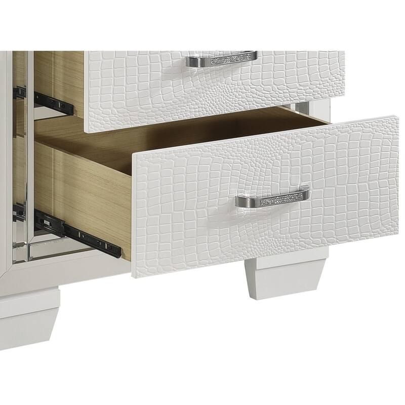 Glamorous White Nightstand, 2 Drawers, Faux Alligator Embossed Textured Front