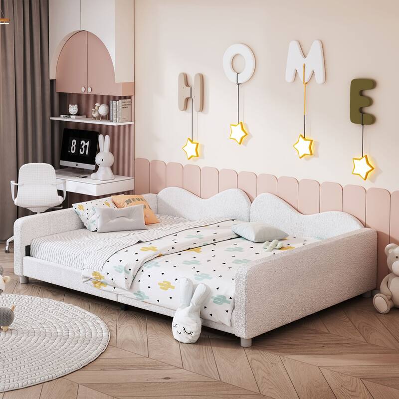Cloud Shape Backrest Daybed, Sherpa Fabric Sofabed with 2 Armrests, Wood Platform Bed Frame, Floor Bed, No Box-spring Needed - White - Full