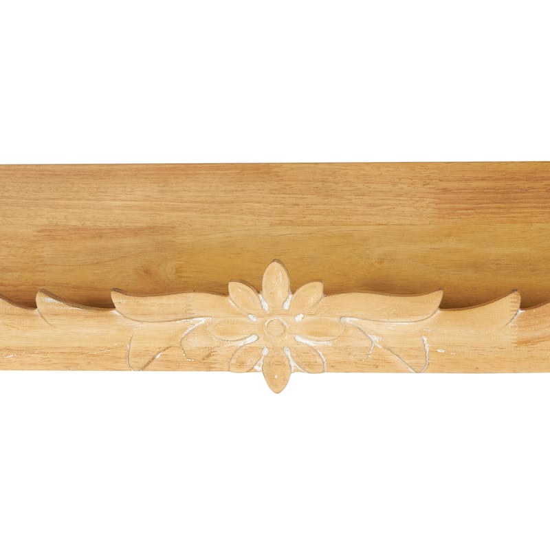 Wooden Floral Wall Shelf with Carved Scroll Lip - Light Brown - Roche River Decor