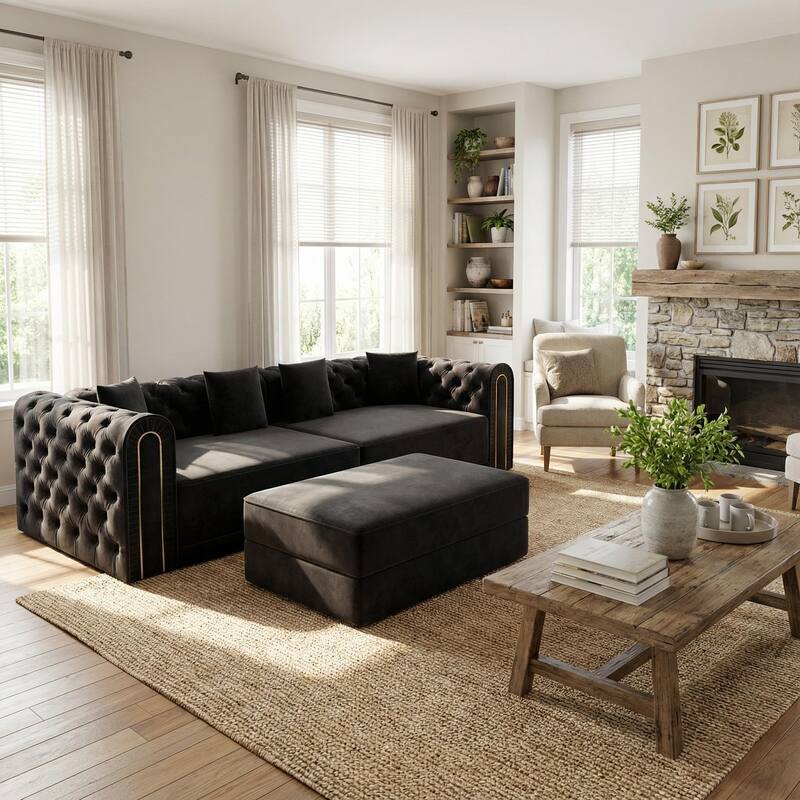 Homy Casa 90.6" 3-in-1 Convertible Sleeper Sofa with Button Tufted & Gold Trim, Movable Ottoman