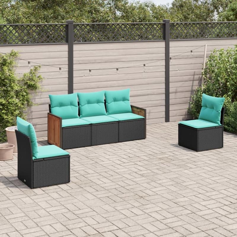 vidaXL 5 Piece Patio Sofa Set with Cushions Black Poly Rattan - 21.7x27.2x24.4-Without table