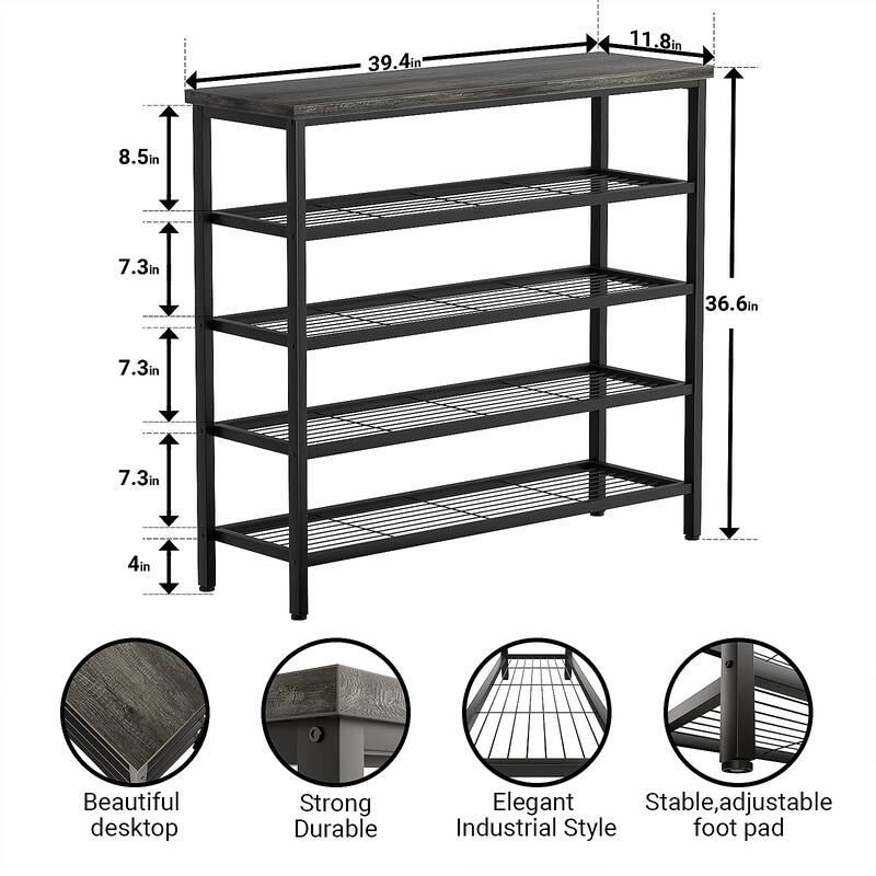 Shoe Rack, Industrial Shoe Storage Organizer, Large 5Tier Metal Shoe Rack Shelves with Wood