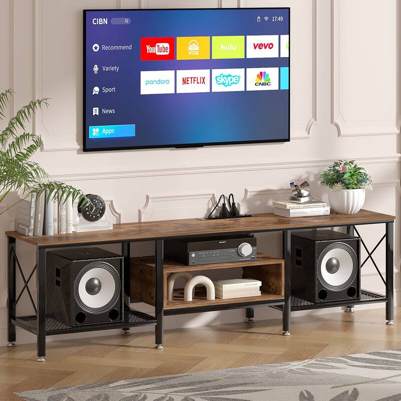 VECELO TV Stand 55/63/70 Inch Brown/Gray with 2 USB Ports & 4 AC Outlets Charging Station Open Storage Shelves TV Cabinet