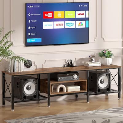 VECELO Wood TV Stand with Charging Station,Storage Shelves Entertainment Center TV Cabinet