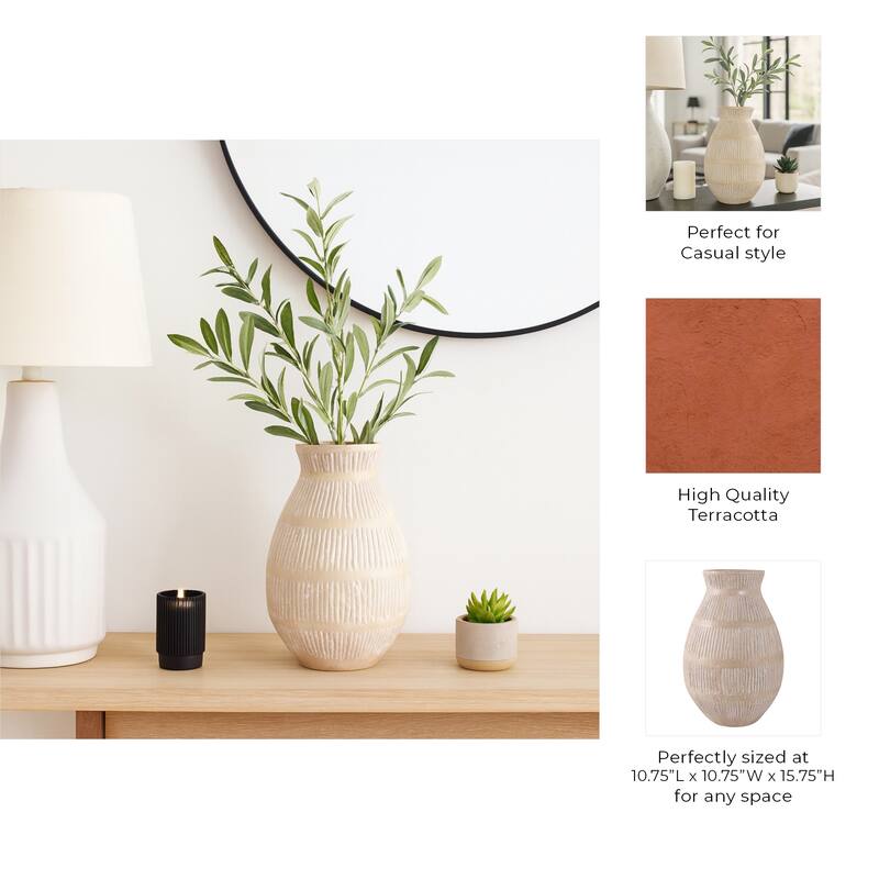 Ceramic Modern Round Flower Vase with Lines - Ivory