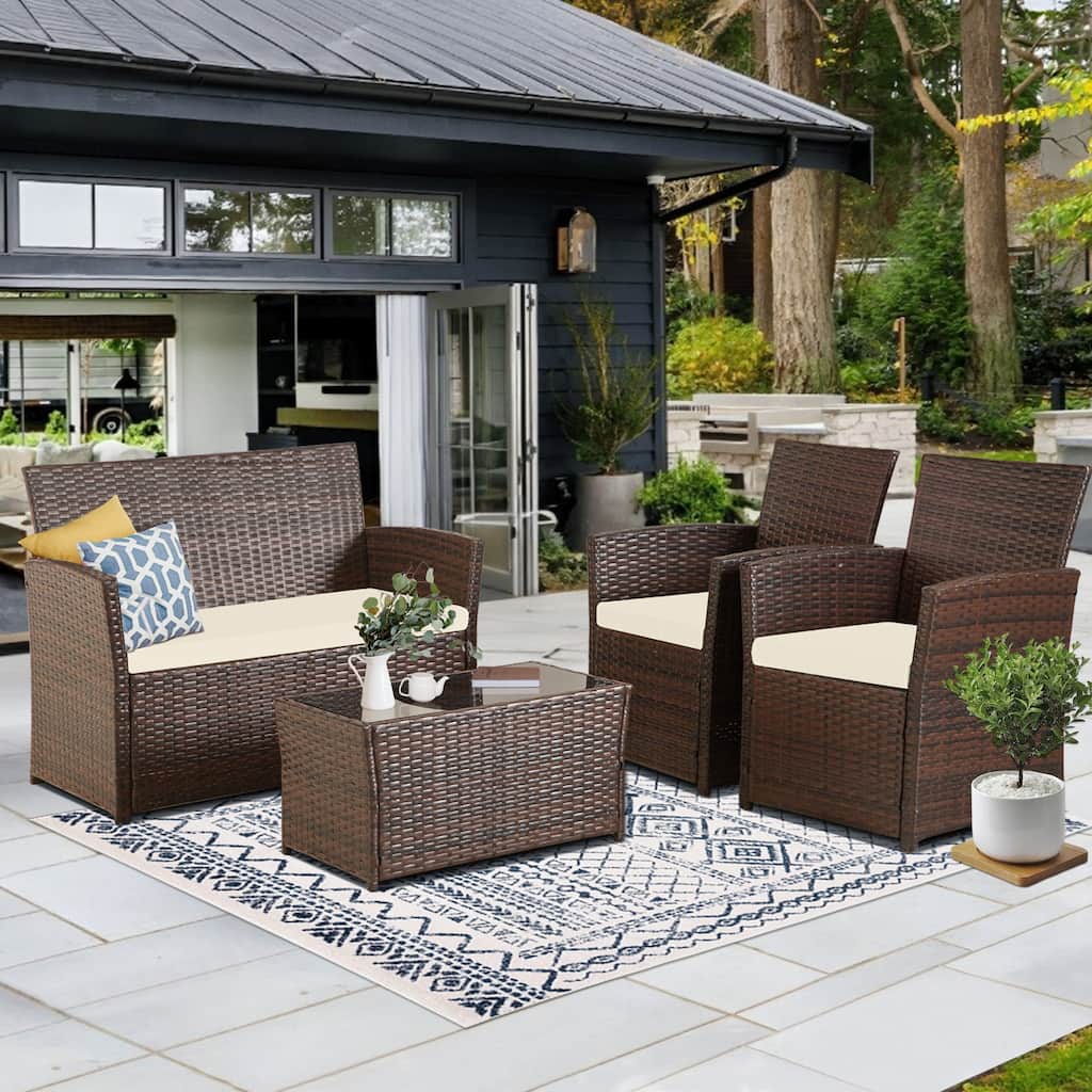 4-Piece Wicker Outdoor Sofa Set, 1 Loveseats, 2 Single Sofas, 1 Table