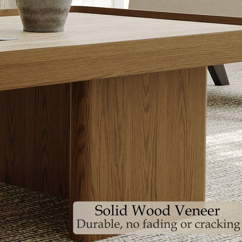 51.18" Mid Century Retangular Coffee Table, Beige Sintered Stone Table top, Solid Wood Legs