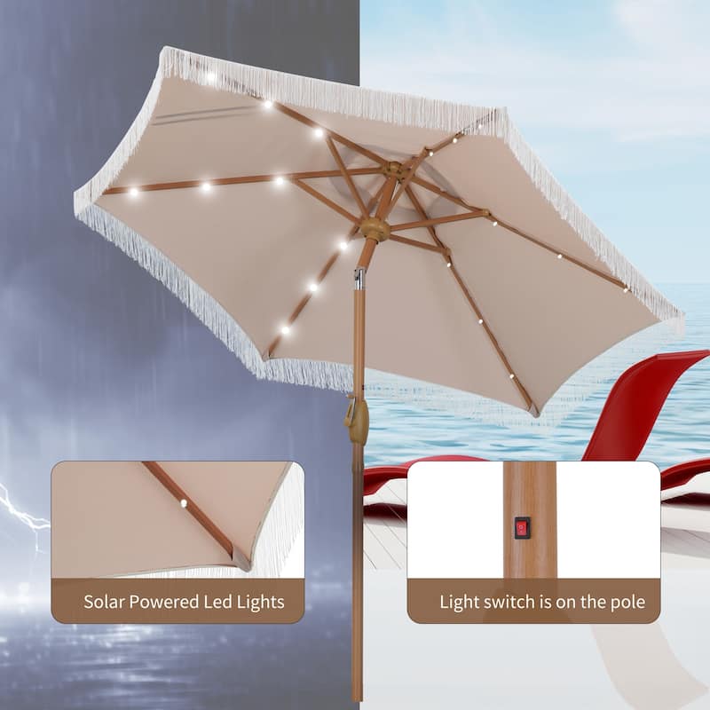 Ainfox 7FT Outdoor Patio Umbrella with Tilt Fringe Tassel Umbrella with LED Solar Lights